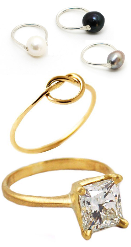 alternative engagement and wedding rings - pearl, gold and diamond wedding rings