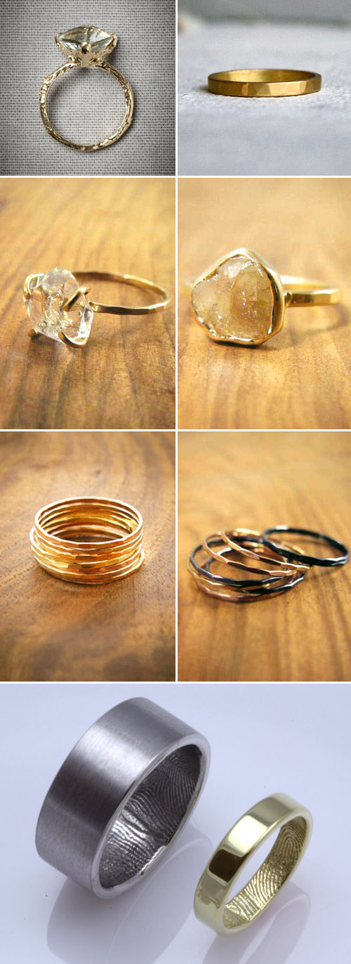 alternative engagement and wedding rings - rough cut diamonds and stackable wedding bands