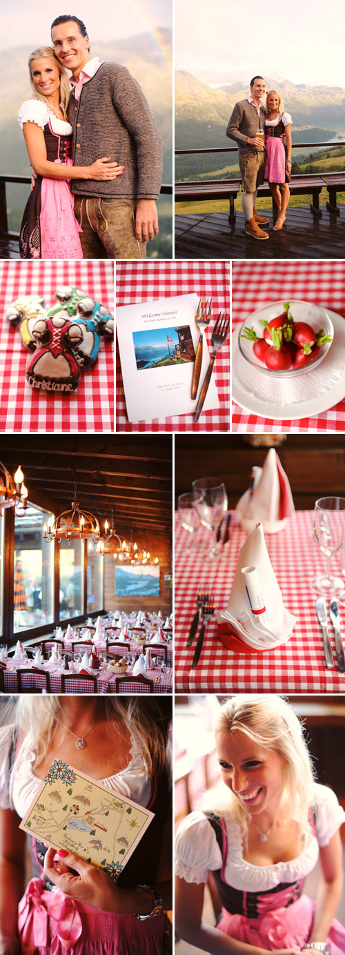 Bavarian wedding rehearsal dinner at Suvretta House in St. Moritz, Switzerland, red and white gingham decor