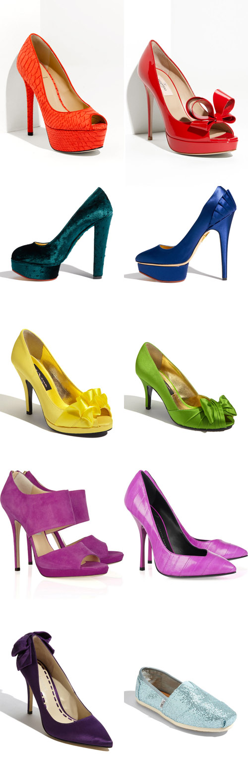 bright and colorful wedding shoes, yellow, pink, orange, blue, purple, red bridal heels