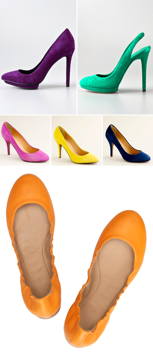 bright and colorful wedding shoes, yellow, pink, orange, blue, purple, red bridal heels