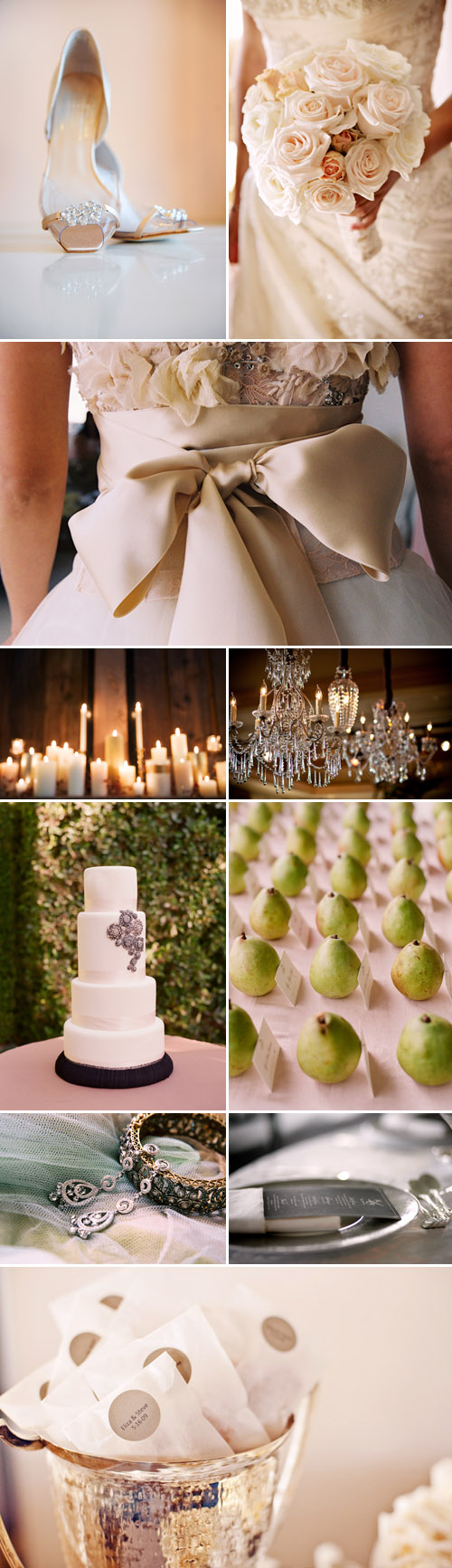 elegant ivory, champagne, silver and candle light wedding color palette inspiration board