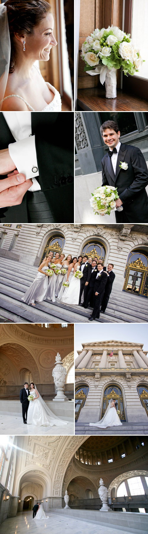 classic and elegant black tie wedding at San Francisco City Hall, ivory, silver, peach and sage green Art Deco wedding decor, photos by Michelle Walker Photography