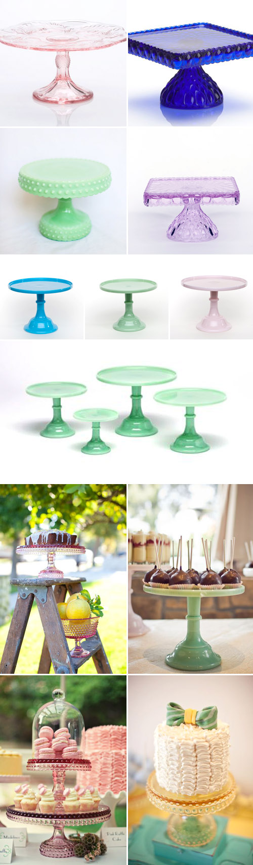 colorful wedding cake stands from Sweet and Saucy Supply Shop, vintage and milk glass cake stands via JunebugWeddings.com