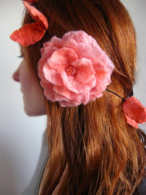 felt bridal hair accessories, red and pink felt hair flowers by Crafts2Cherish on Etsy.com