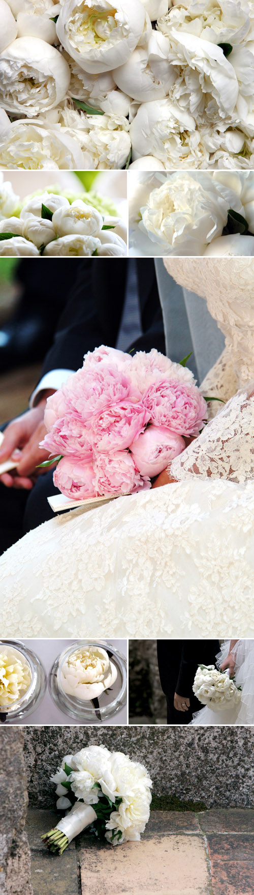 spring wedding flowers - pink and white peonies in bridal bouquets and wedding decor