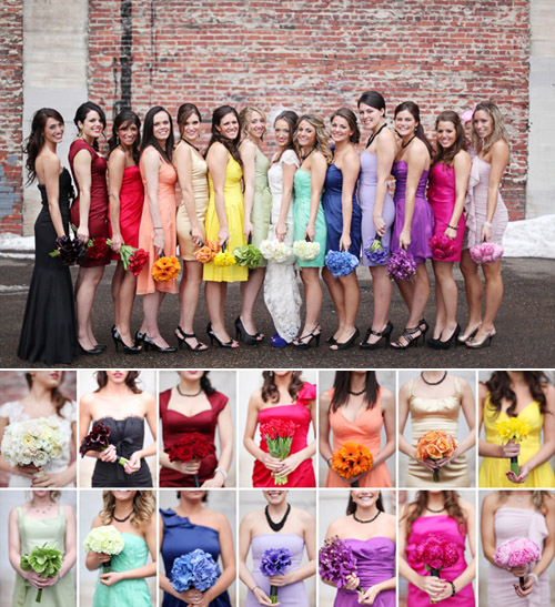 rainbow bridesmaids' dresses with colorful wedding flowers by Cori Cook Floral Design, photos by Laura Murray