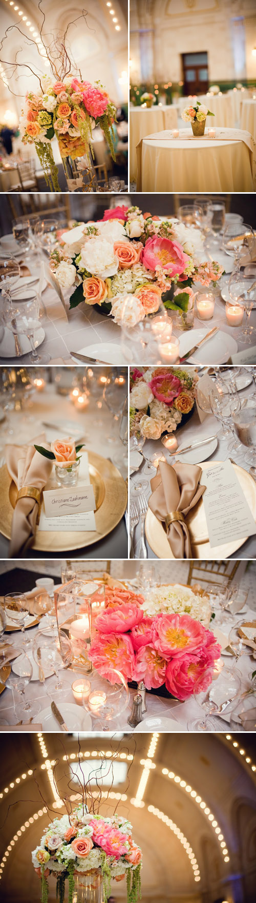 romantic ivory, gold, champagne and peach wedding floral decor at Union Station, Seattle, photos by Stephanie Cristalli Photography