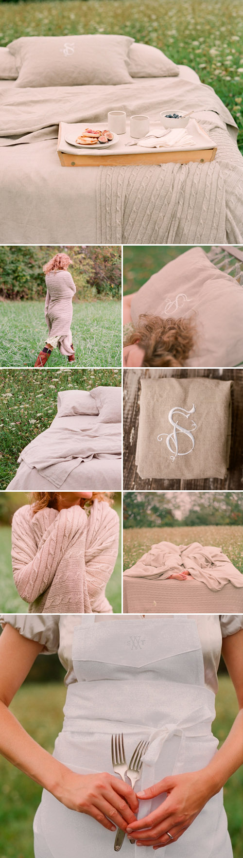 monogrammed bed linens and home accessories from Sarah Drake, images by Elizabeth Messina