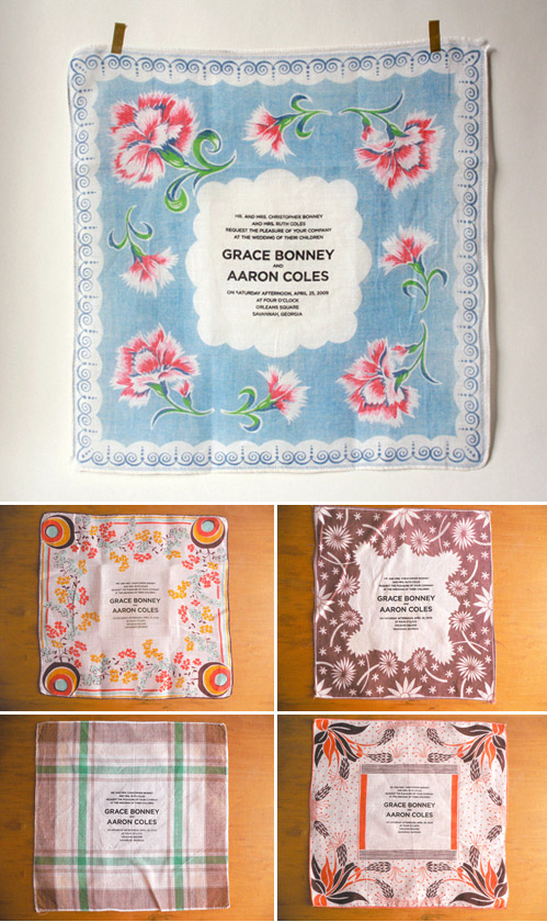vintage handkerchief wedding invitations and save the dates from Bird and Banner