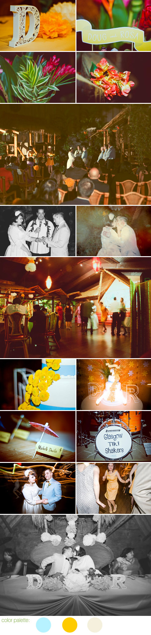 vintage inspired California tiki bar wedding, light blue and mustard yellow wedding color palette, photos by Julie Pepin Photography