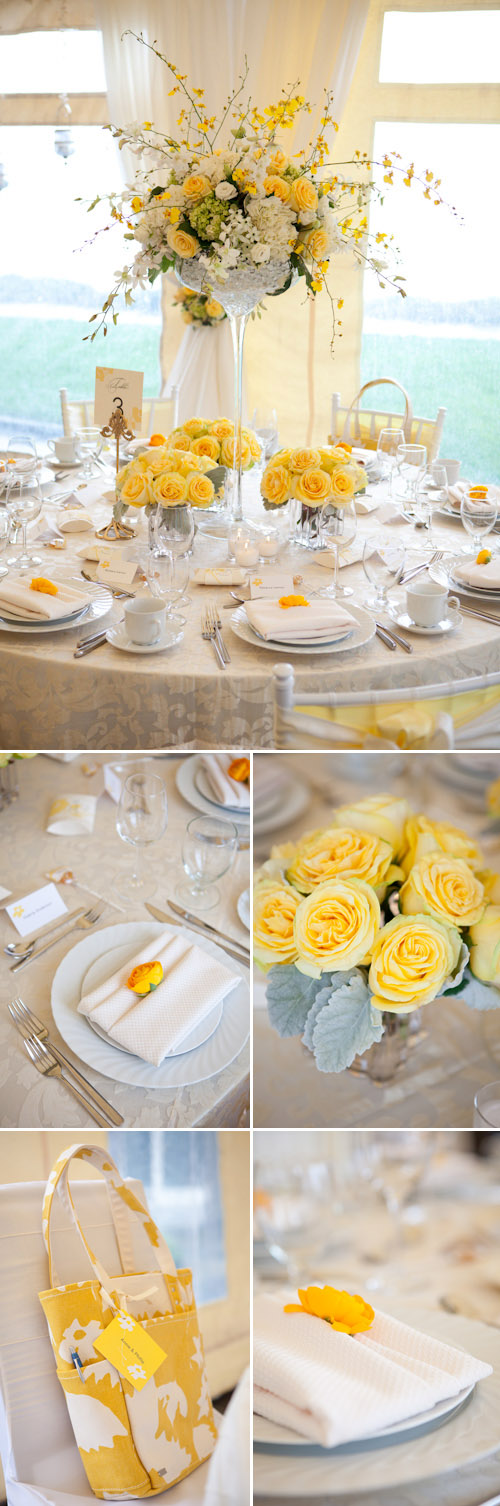 yellow and white wedding table top design from Woodmark Weddings and Fena Flowers, images by Junebug Weddings
