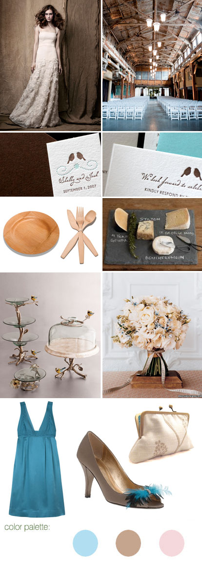 Rustic wedding inspiration board and pale blue, khaki and pink wedding color palette