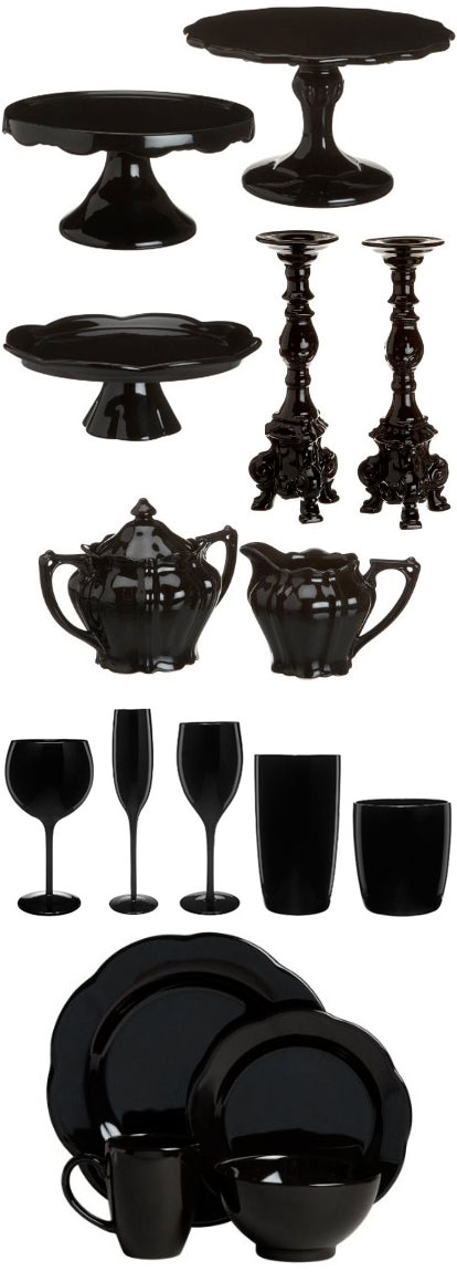 black wedding tableware and cakestands