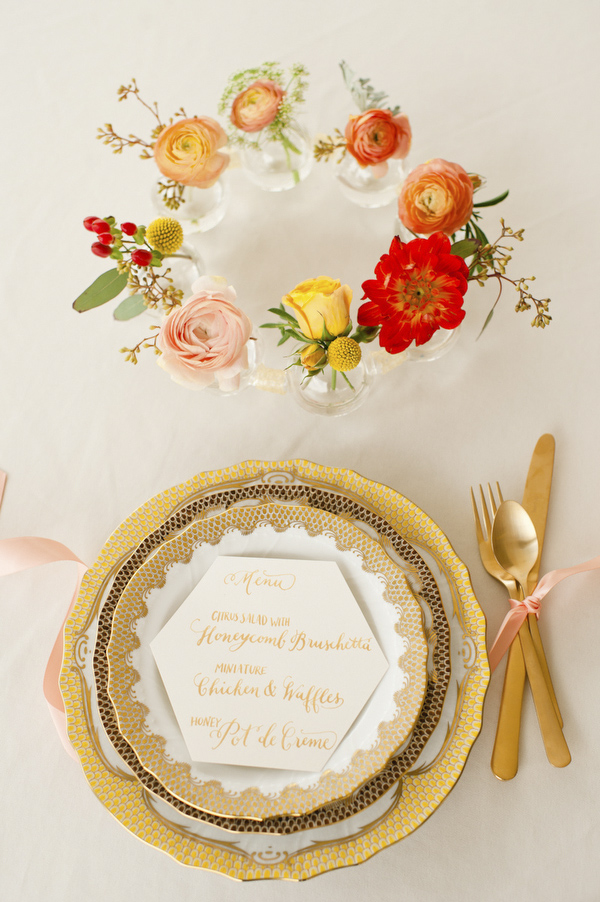 hexagon honeycomb styled shoot, photos by Spindle Photography, styling and planning by Kelly Dellinger Events | via junebugweddings.com