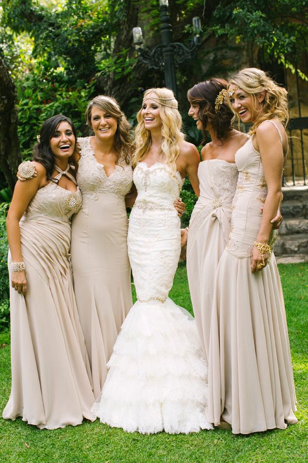 long gold mismatched bridesmaids dresses