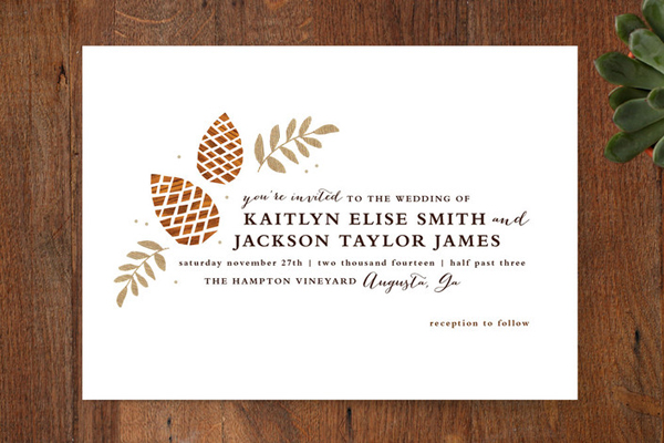 gold + pine wedding invitation from minted | via junebugweddings.com
