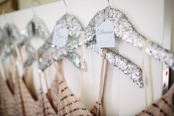 sequin bridesmaids hangers, photo by Troy Grover | via junebugweddings.com