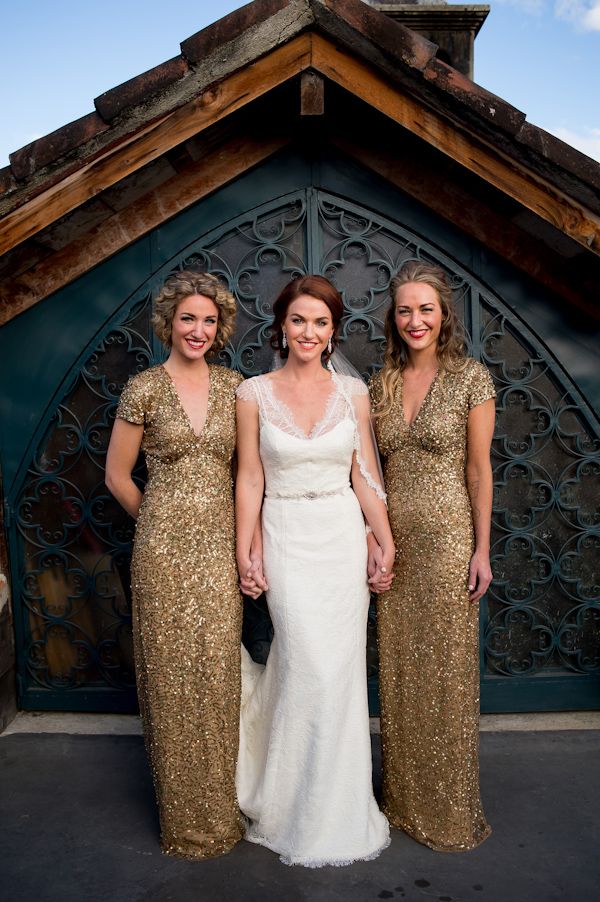 gold sequin Nicole Miller bridesmaids gowns, photo by davina + daniel | via junebugweddings.com