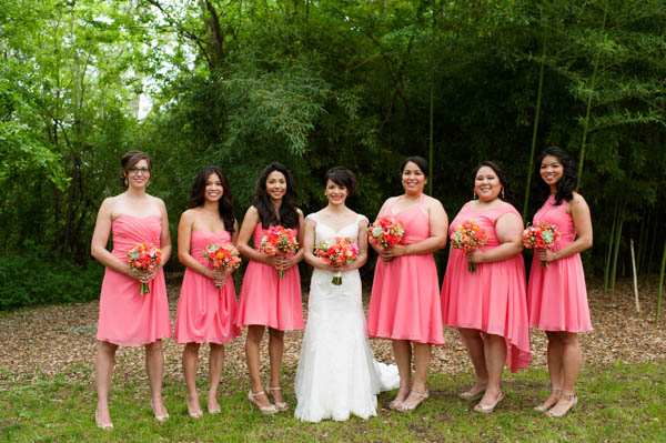 bright pink short bridesmaids dresses