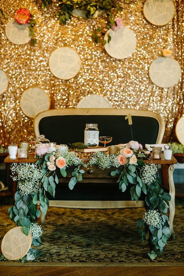 romantic glamorous sweetheart table and backdrop