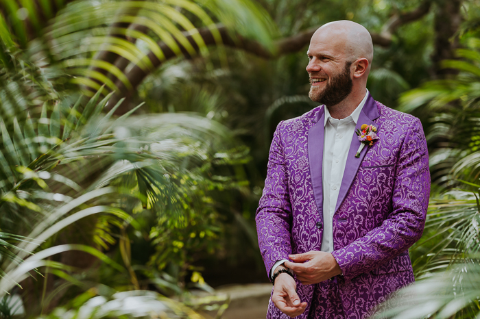 purple patterned unique groom style