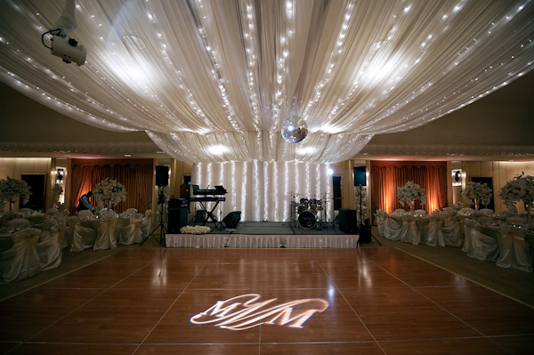 Photo Of Dance Floor And Stage At Reception Tan Chiffon Drapes