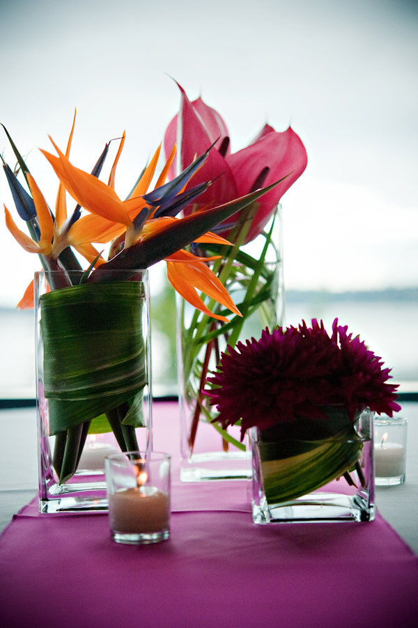 reception floral details - tropical floral arrangements including dark ...