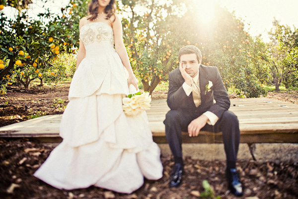Bride And Groom In Orchard Bride In Ivory Ball Gown Style