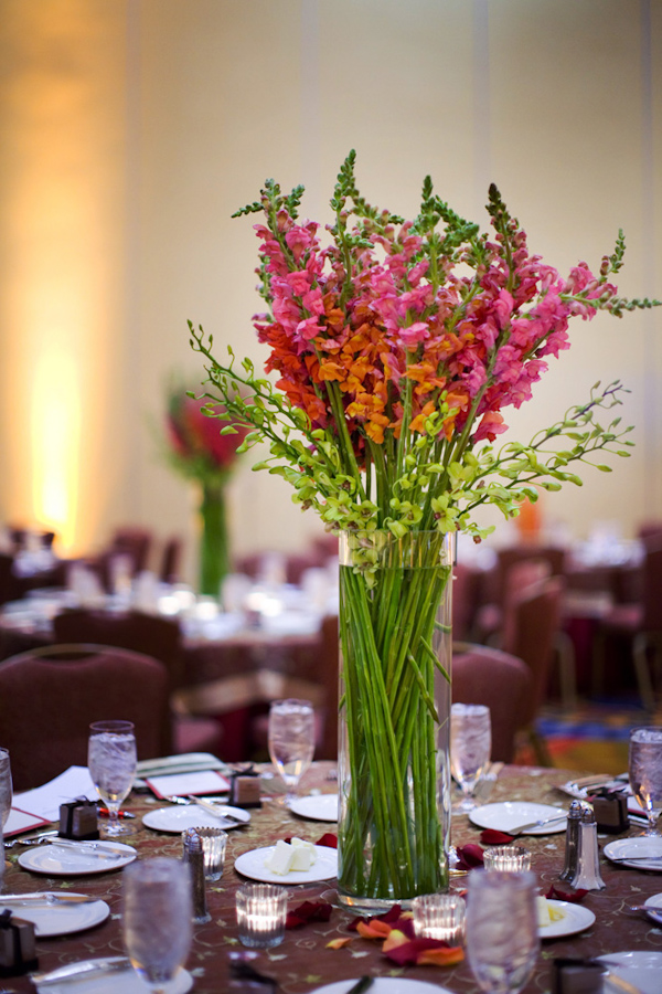 Pink and orange snapdragon centerpiece - wedding photo by Melissa Jill ...