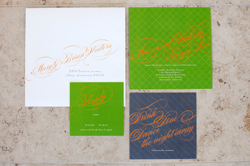 Cursive lime, orange, white and gray wedding invitation display - Citrus Colored Wedding Decor Photo Shoot by Cadence Cornelius Photographs 