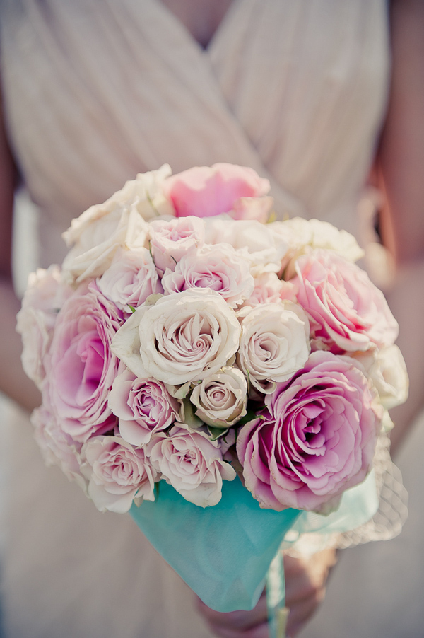 Pretty pink bouquet with aqua blue stem-wrap at wedding - Wedding Photo by Elizabeth Davis