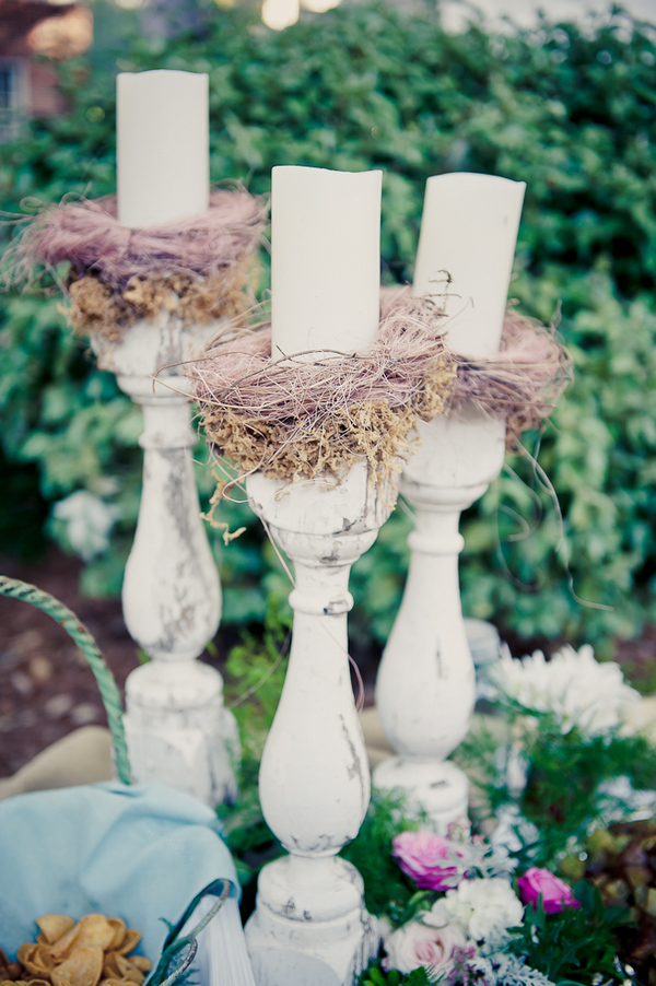 Vintage-inspired candles decorated with birds nests - Wedding Photo by Elizabeth Davis