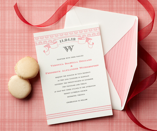 Modern and elegant pink, gray and white wedding invitation by Curious & Company Invitations