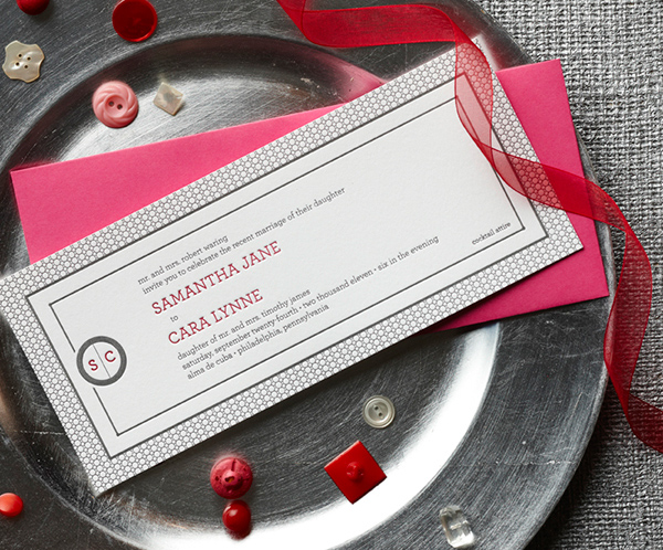 Modern pink and gray rectangular wedding invitation by Curious & Company Invitations