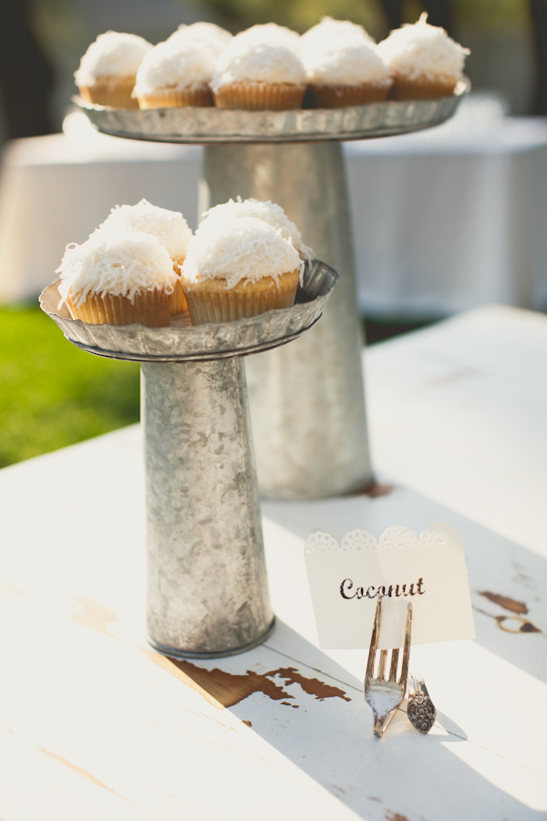 metal desert stands with cupcakes and a fork sign holder - warm, sunny, Sonoma California vineyard wedding photo by California wedding photographers EP Love