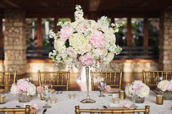 Romantic light pink and white floral centerpiece - Photo by Sara and Rocky Photography
