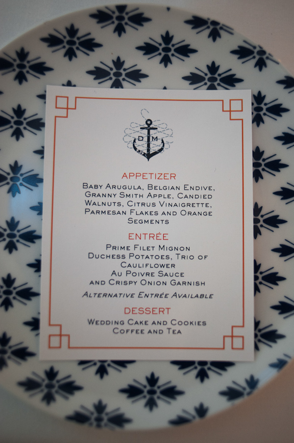Navy blue, orange and white nautical inspired dinner menu - Photo by Sarah Tew Photography