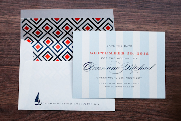 Nautical inspired Save the Date in shades of light blue, navy and orange - Photo by Sarah Tew Photography