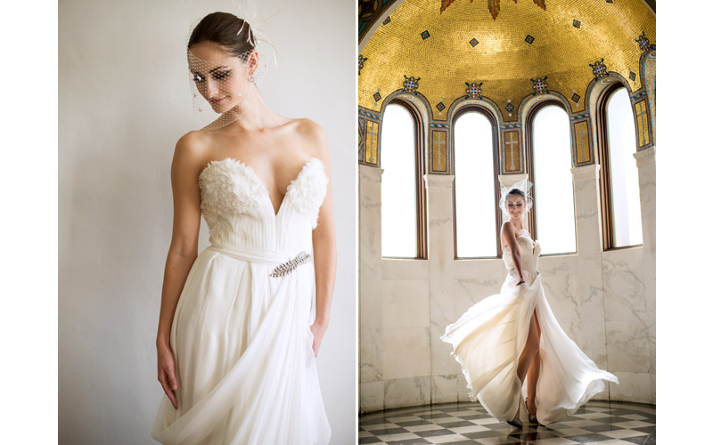modern bride with cage veil and strapless white 