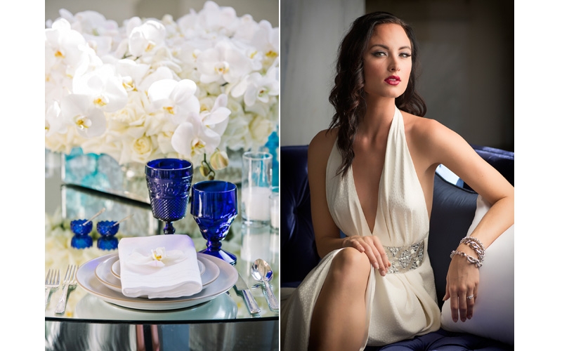 blue and white table setting with orchid centerpiece by Eddie Zaratsian Custom Floral and Lifestyle, and bride in slinky modern halter 