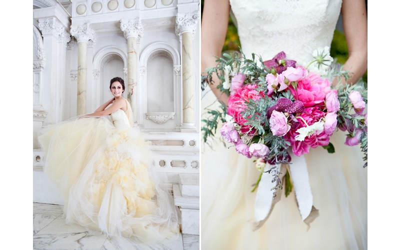 cream tulle wedding gown by RMine Bespoke and rustic pink bridal bouquet by Celadon & Celery - Photos by Junebug Weddings