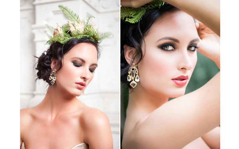 whimsical bride with dramatic makeup, fern hair crown and gold chandelier earrings - Photos by Junebug Weddings and Spark & Flame Photography from Junebug Weddings Workshop