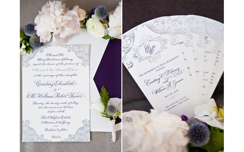 classic white wedding invitation with purple calligraphy by East Six - Photos by Junebug Weddings from Junebug Weddings Workshop