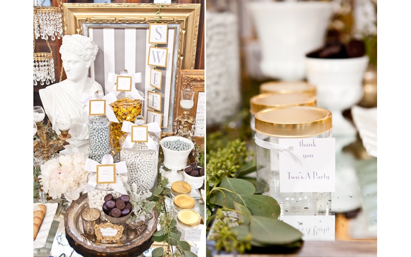 silver, gold and white wedding candy table by Two