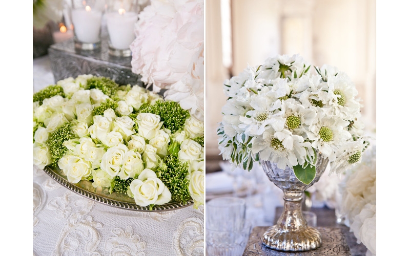 elegant white and silver wedding table centerpieces by Eddie Zaratsian Custom Florals & Lifestyle - Photos by Callaway Gable and Junebug Weddings