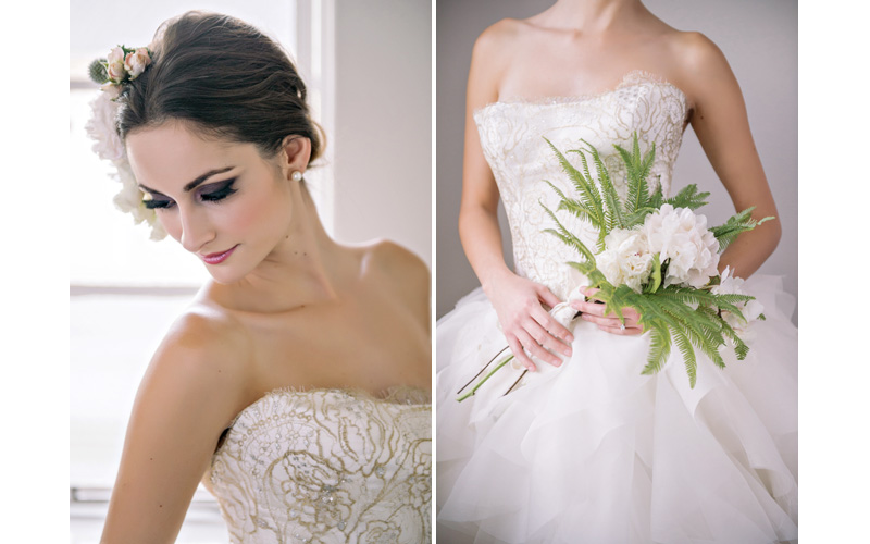 white and gold lace strapless wedding gown by RMine Bespoke, with a fern and floral wedding bouquet by Celadon & Celery - Photos by Dear Wesleyann Photography from Junebug Weddings Workshop