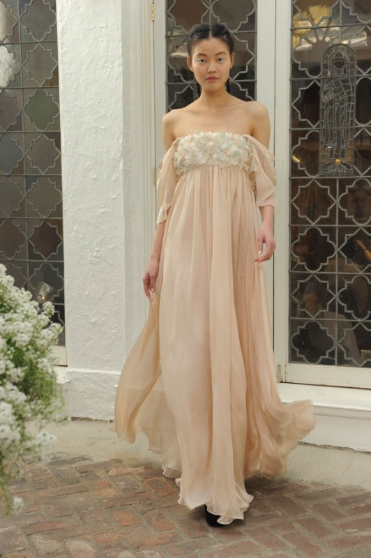 Houghton - Spring and Summer 2017 - Hathaway strapless gown in blush chiffon with embroidered bodice of feather and crystal flowers and off the shoulder sleeves