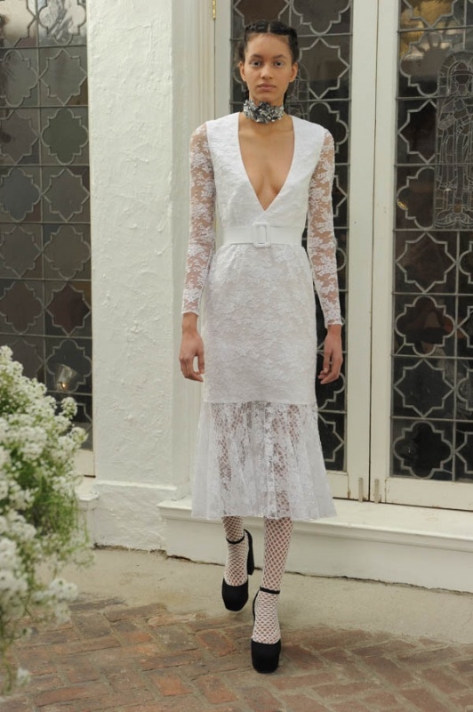 Houghton - Spring and Summer 2017 - Duran ivory Chantilly lace dress with deep V, sheer sleeves and skirt detail