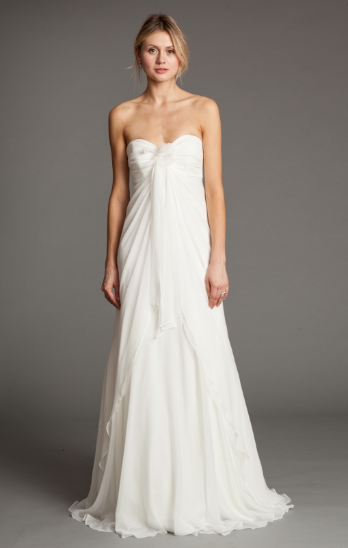 Jenny Yoo - 2014 Bridal Collection - Viola Wedding Dress - Strapless bodice with a sweetheart neckline. The column floor length skirt has a slight flare and features draped layers of chiffon with a split front overlay. The dress has center front streamers along with a detachable flower pin at the bodice that can be used to create various necklines. </p>

<p
